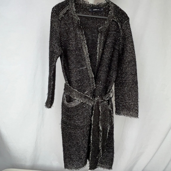 Zara (M) long, frayed-edge cardigan, with wrap tie, pockets & metallic threads - Picture 1 of 16